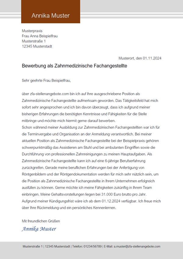 Vorlage / Muster: Bewerbungsanschreiben Zahnmedizinische Fachangestellte / Zahnmedizinischer Fachangestellter 2