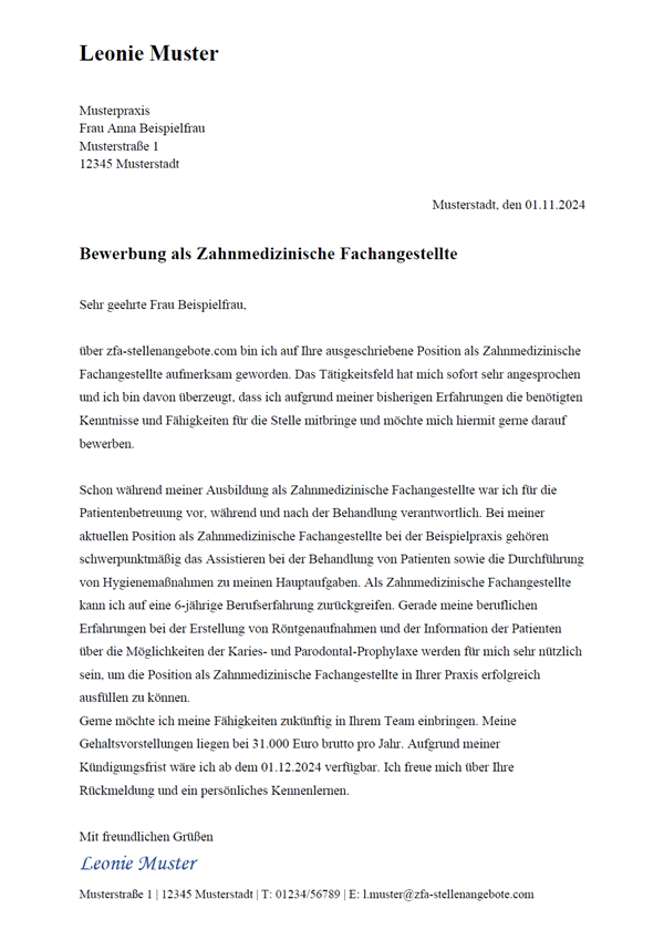 Vorlage / Muster: Bewerbungsanschreiben Zahnmedizinische Fachangestellte / Zahnmedizinischer Fachangestellter 3