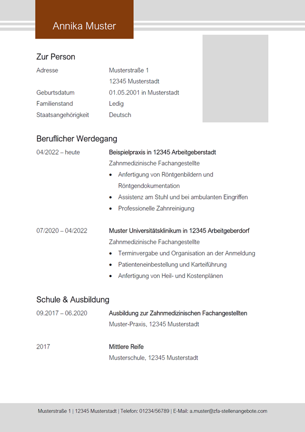 Vorlage / Muster: Lebenslauf Zahnmedizinische Fachangestellte / Zahnmedizinischer Fachangestellter 2